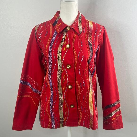 Coldwater Creek Button Front Shirt Jacket Small Red Maximalist Art to Wear - Picture 1 of 7